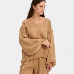 NAP Loungewear Long Puff Sleeve Satin Top in Caramel Women's Size Small